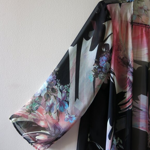 Vintage Status by Chenault Floral Roses Bohemian Chiffon Open Cardigan Sz. L - Picture 6 of 16